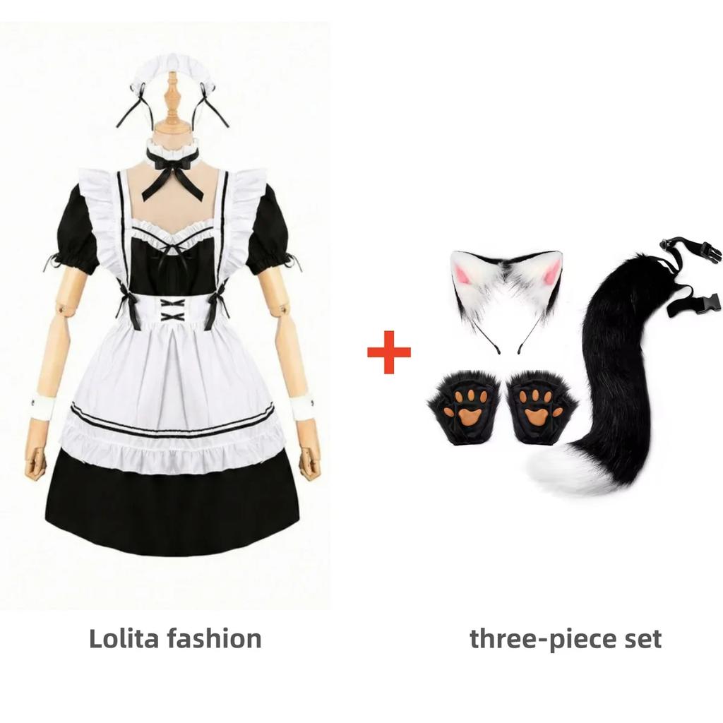 Set Vestito da Cameriera Gothic Lolita Donna Costume Cosplay Anime Orecchie e Coda di Volpe Nere Bianche Guanti Costume di Carnevale Halloween Festa