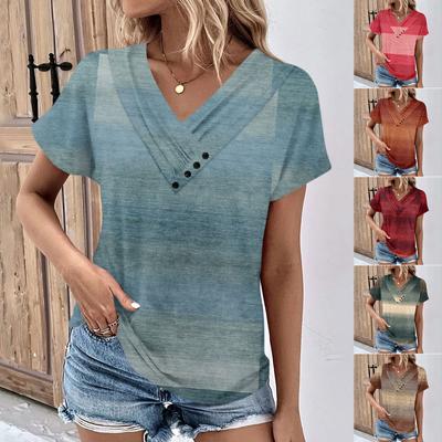 Letnie topy dla kobiet Wzór dla kobiet Dekolt w kształcie litery V z krótkim rękawem Wygodne topy damskie T-shirty oversize