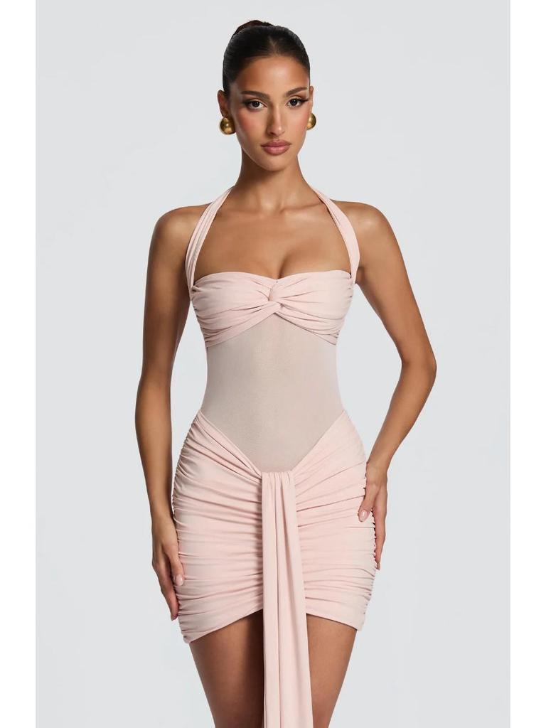 European & American Style Lace-Up Mesh Halter Patchwork Ribbon Bodycon Dress (2026 Summer Collection)