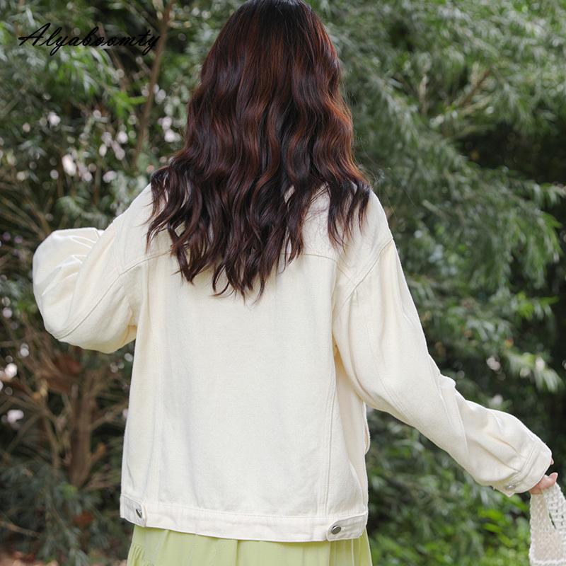 Japanese Style Spring Autumn Women Oversized Coat Turn-Down Collar Baggy Beige Denim Jacket Floral Embroidery Big Pocket Ladies' Outerwear