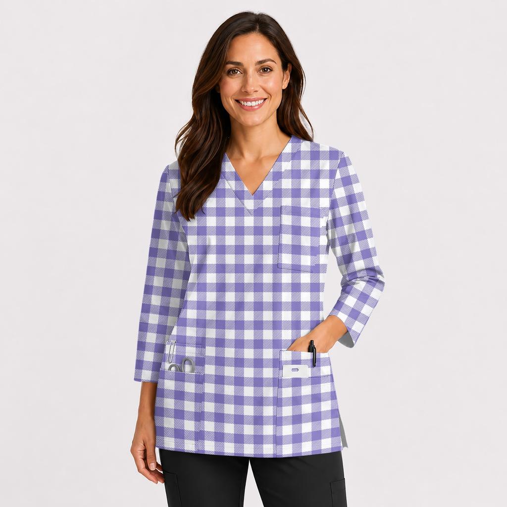 Women's V-Neck Scrub Top with Pockets and Side Slits, 3/4 Sleeve Uniform Work Top