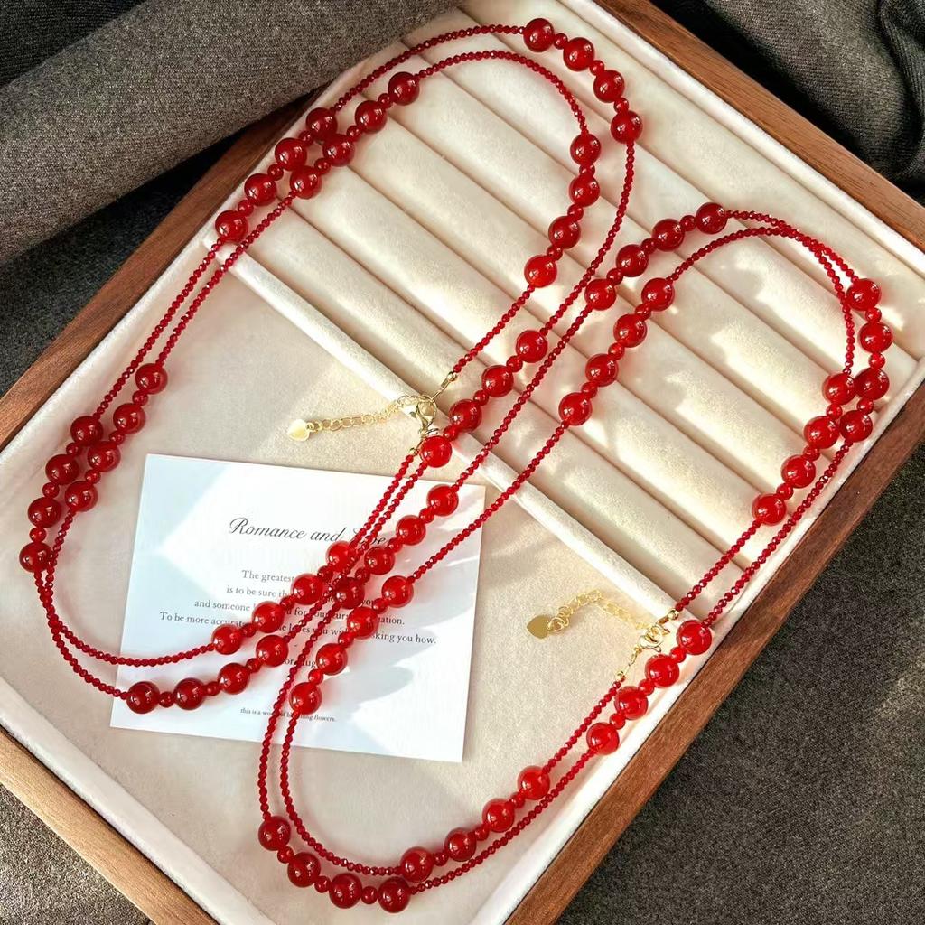 Natural Vitreous Pigeon Blood Red Chalcedony Agate Artificial Ruby Necklace Collarbone Chain Sweater Chain