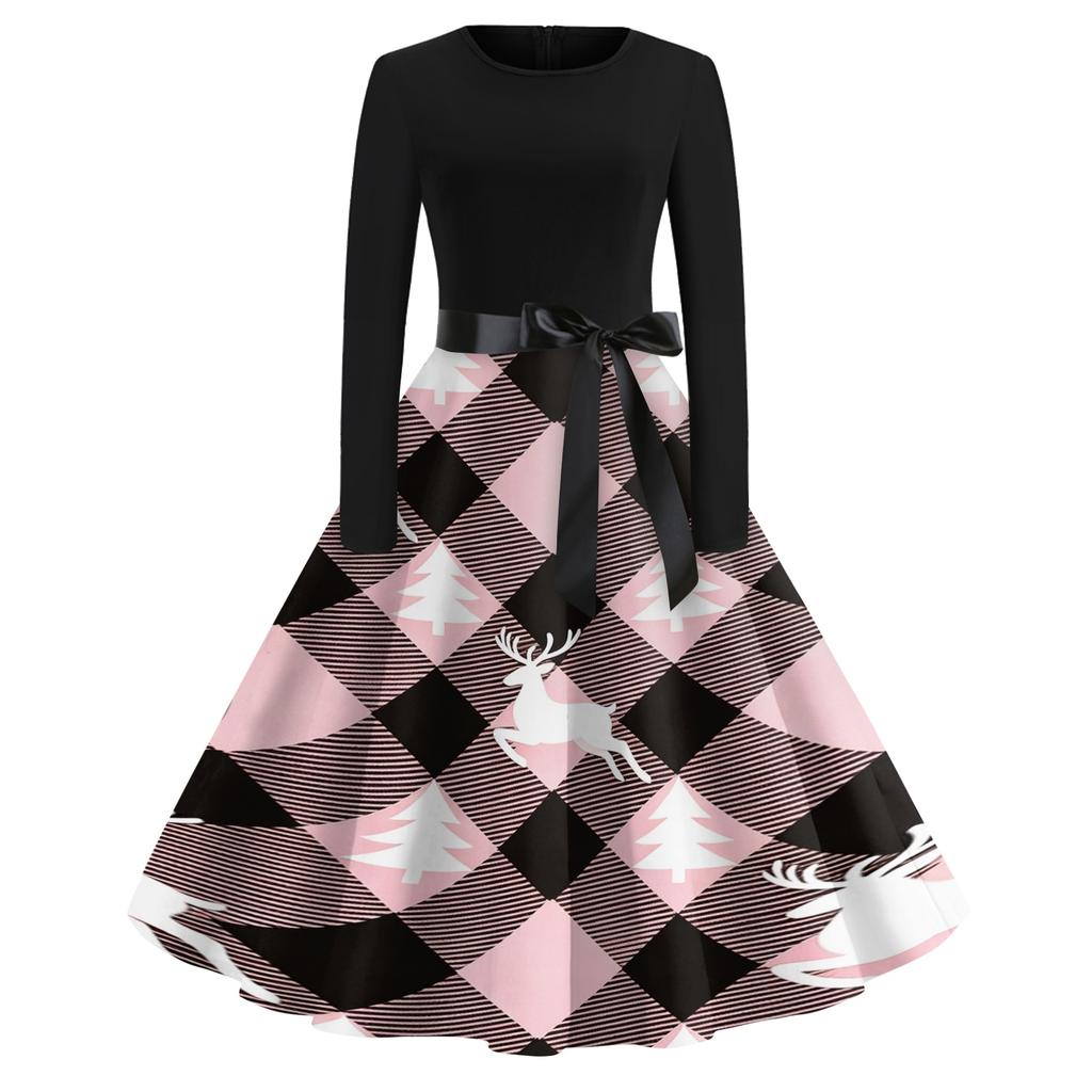 Women's Casual Vintage V-Neck Christmas Print Dress for Festive Occasions