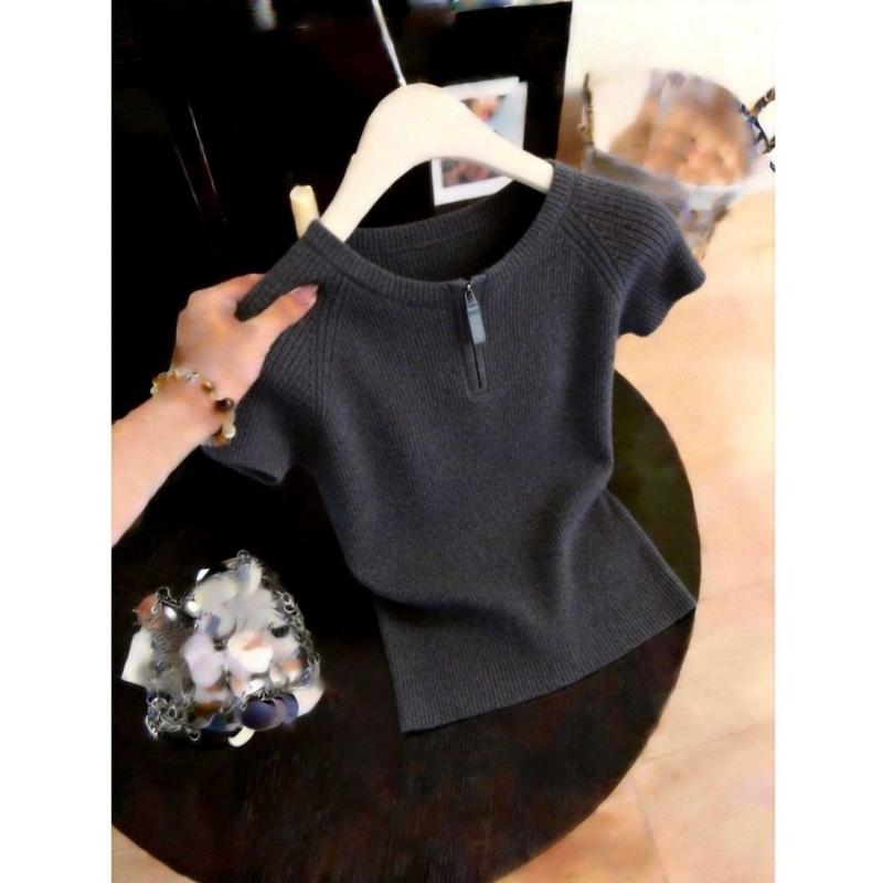 

Summer New Style Fashionable and Youthful Versatile Stylish Knitted Short-sleeved Top for Women One size сірий