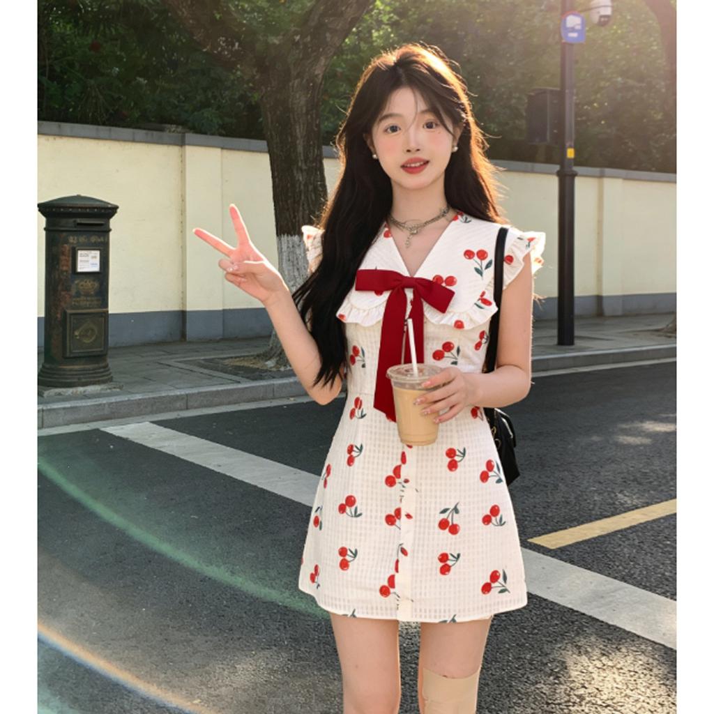 Wine Stained Cherry Bow Small Fly Sleeve Dress Sweet Wind Waist Thin Design Sweet Spicy Printed Short Skirt