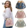 Vielseitige Wochenend-Freizeit-Tasche Denim Häkel-Beuteltasche, Umhängetasche mit Gänseblümchen-Stickerei, Niedliche Bestickte Schulter-Boho-Kordelzug für