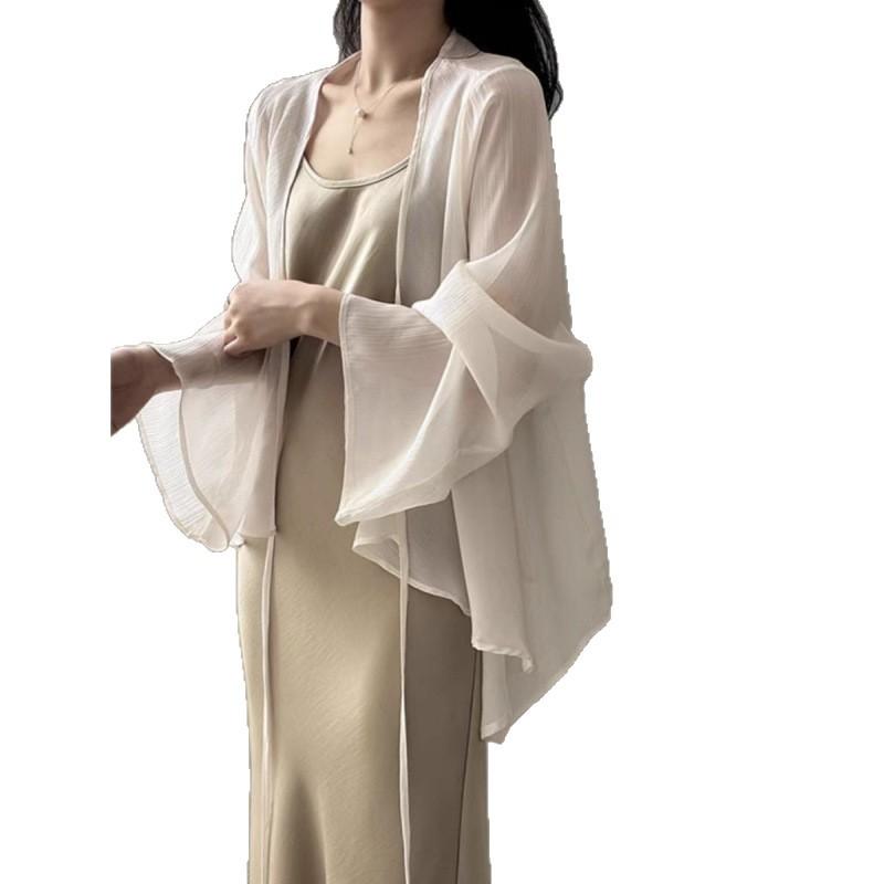 Tencel Chiffon Sonnenschutz-Cardigan Damen Dünne Kleine Jacke Schal Sommer Trägersockelrock Äußere Bluse Tüll-Oberteil