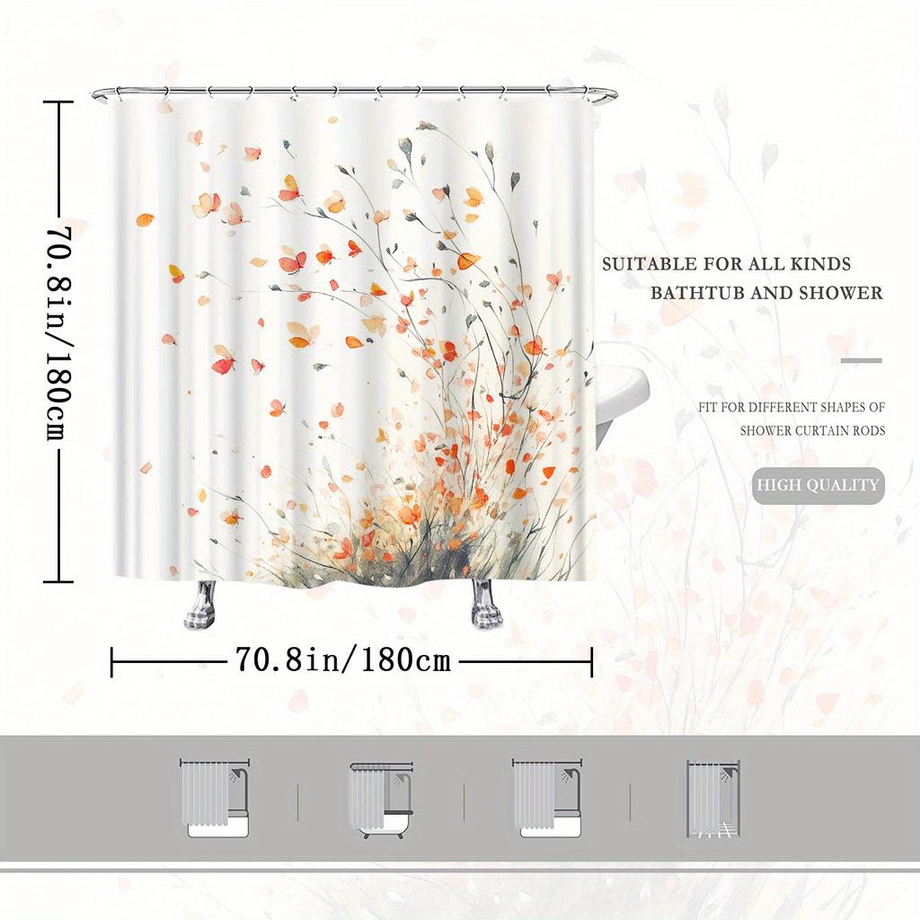 1pc Watercolor Whimsical Tree Shower Curtain - Orange & Red Flowers On Creamy White Background, Polyester Fabric with 12 Hooks,