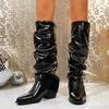 2026 Women's Fashion Pleated Boots Brown Knee-High Modern Black Long Boots Mid Heel Botas Mujer Size 36-43 Zapatos De Mujer