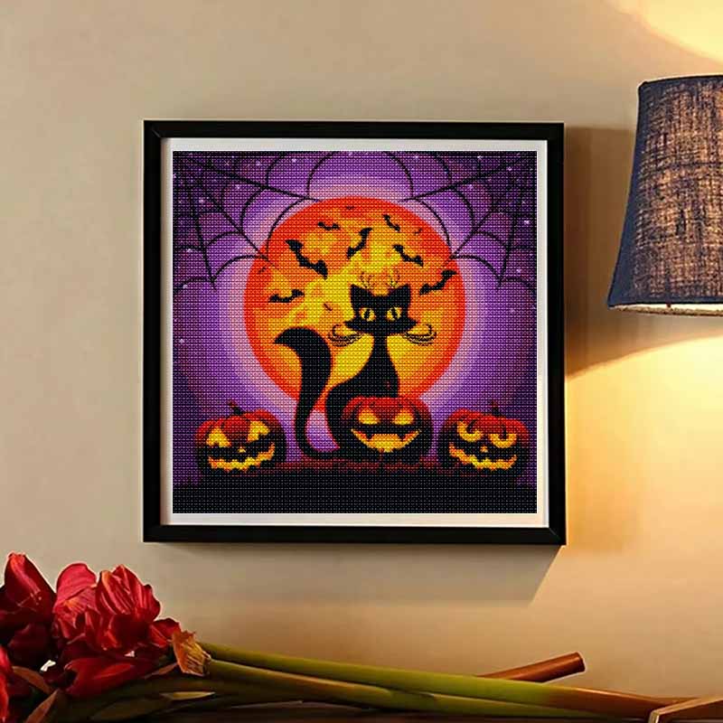 Diamond Painting Kit Halloween Black Cat Pumpkin Design DIY 5D Full Drill Canvas Art Relaxing Bedroom Wall Decor Gift