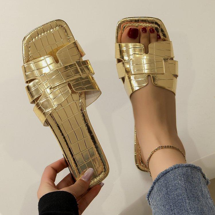 

Новые женские тапочки большого размера, однотонные, в повседневном стиле, с каменным узором, с квадратным носком и плоской подошвой, для пляжа 38 золотой