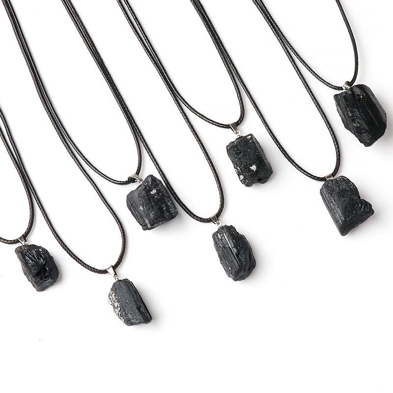 Natural Black Tourmaline Raw Stone Freeform Pendant Necklace