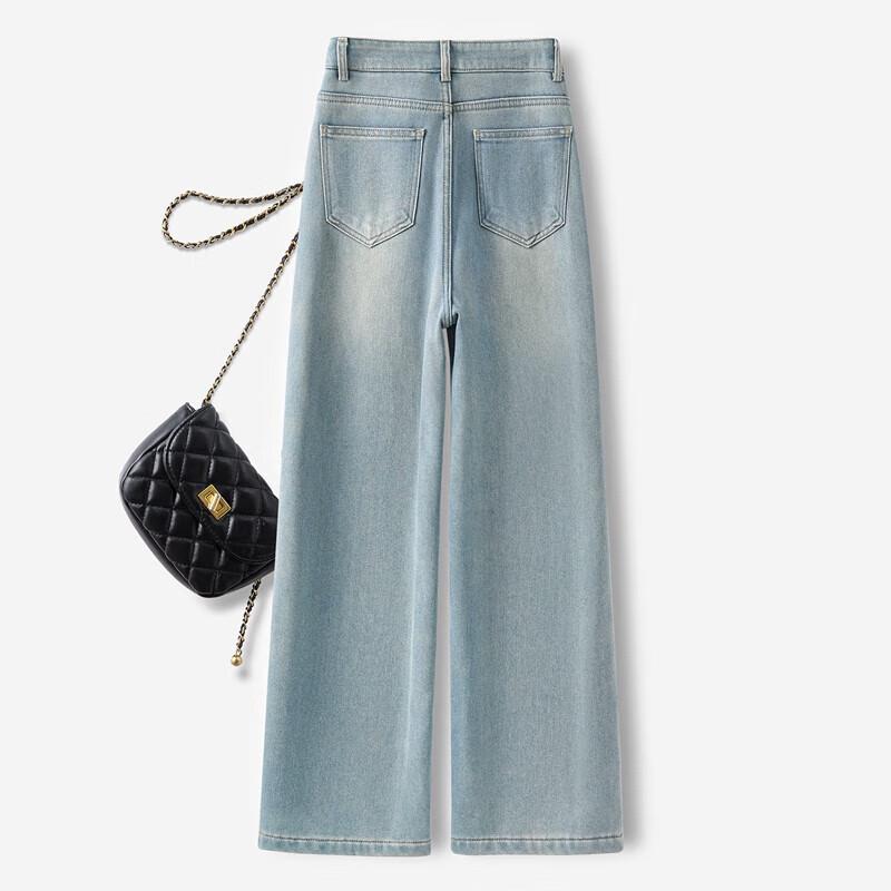 Jeans da Donna a Vita Alta Lavati con Fodera in Peluche a Gamba Larga