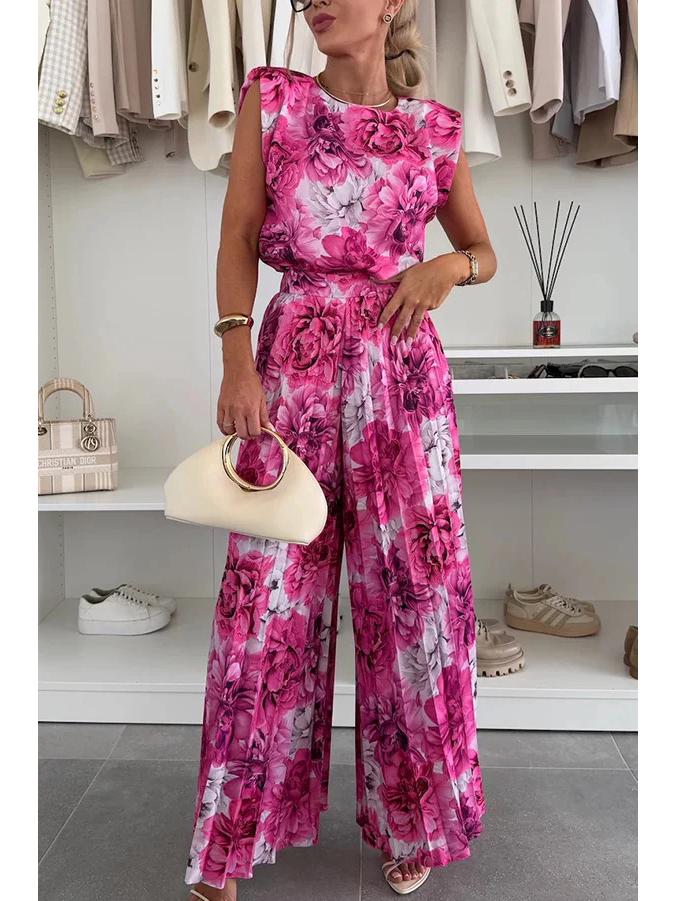 Women's Cross-Border 2025 Fashion: Sleeveless Round Neck Top & Pleated Wide-Leg Pants Two-Piece Set