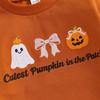 Baby Mädchen Halloween Kürbis Stickerei Pullover Rundhals Langarm Sweatshirt mit Elastischer Taille Schlaghosen Set