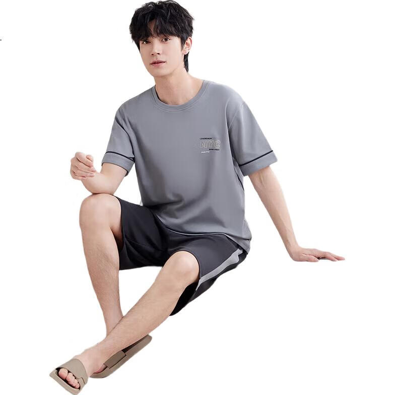 Yiershuang Men's Pajamas, Summer Thin Cotton Pullover Short-Sleeve Shorts, Loose Casual Printed Loungewear Set, Suitable for Outdoor Wear