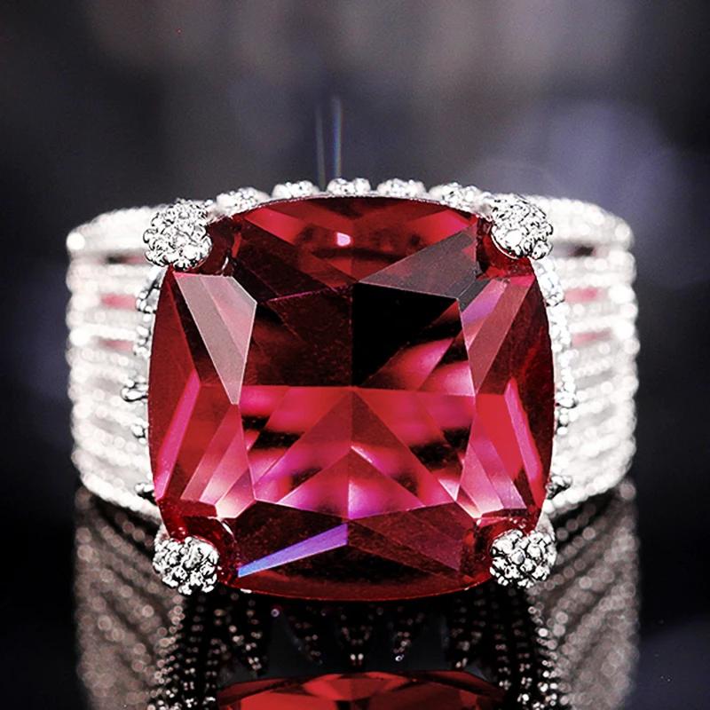 CAOSHI Luxurious Silver Color Ring for Women Gorgeous Wedding Finger Accessories with Shiny Red/Yellow/Pink/Blue Cubic Zirconia