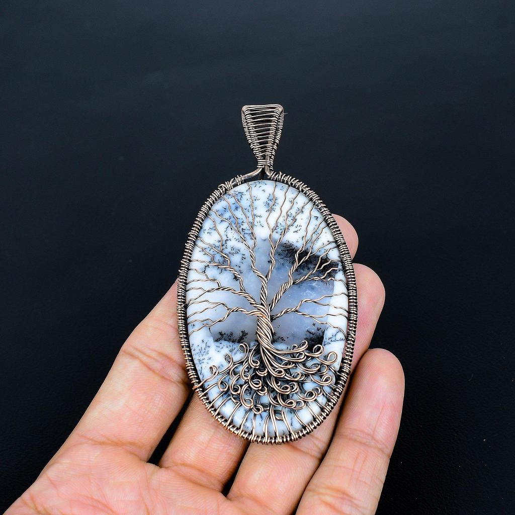 Tree Of Life Dednrite Opal Pendant, Handmade Gemstone 999 Copper Wire Wrap Pendant Antique Jewelry, For Gift Copper Jewelry