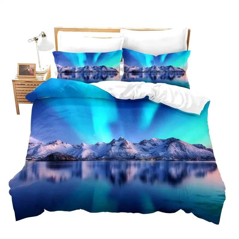 Aurora Duvet Cover Natural Scenery Bedding Set for Girls Boys Northern Light Comforter Cover Mountain Bedspread Full Queen Size