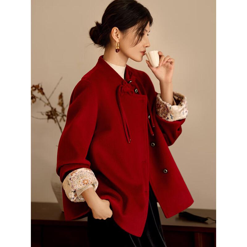XWI Women's New Chinese Style Velvet Trim Wool Coat