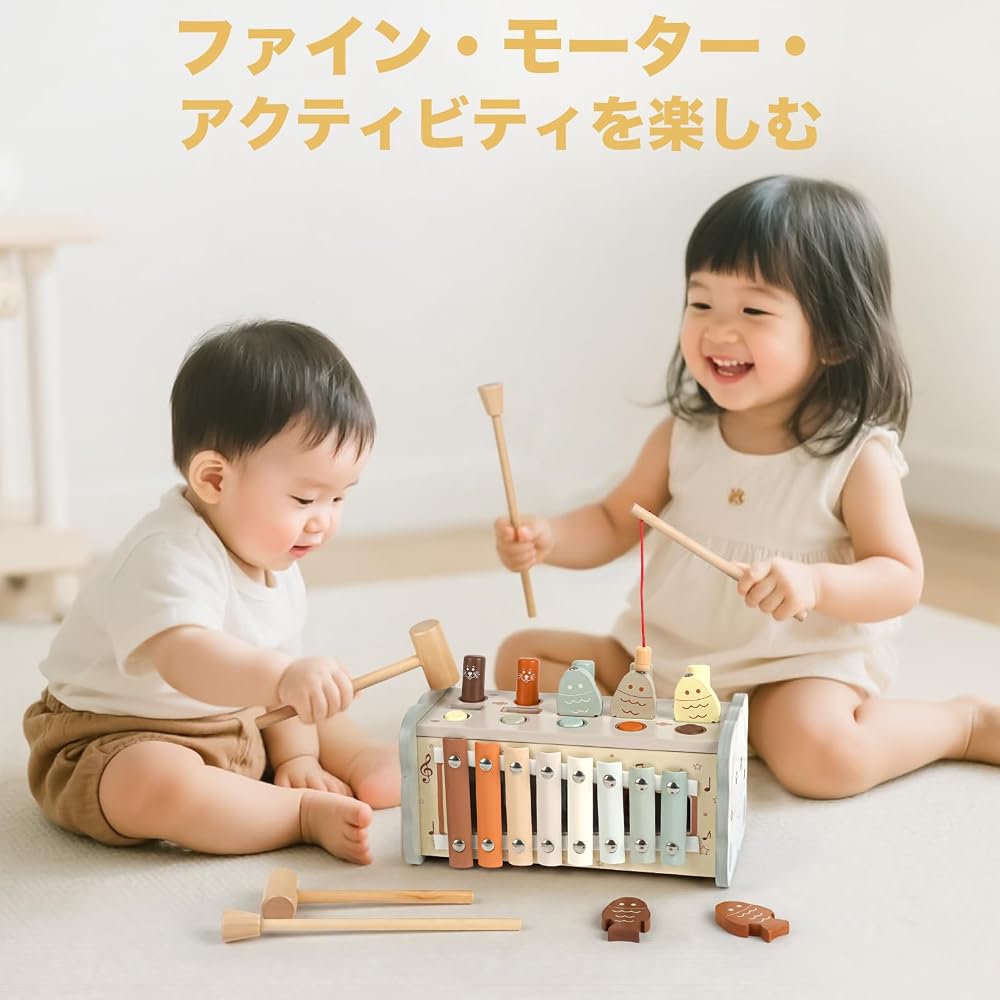 DINORUN Montessori Holzspielzeug für Jungen & Mädchen, Pädagogisches Hammer-Spielzeug für Alter 1-3, Geburtstagsgeschenk