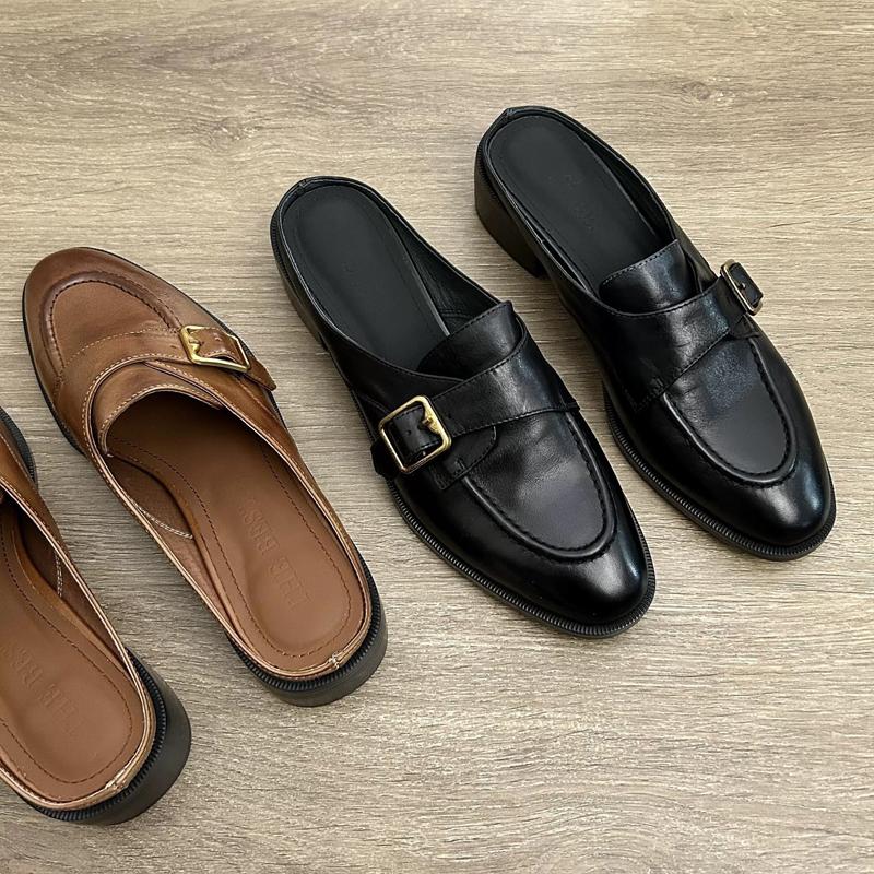 Fashion British Buckle Strap Mules Shoes Ladies Med-High Heels Slippers Slip On Derby Sliders Femmes Pantuflas PU Leather Loafers Woman