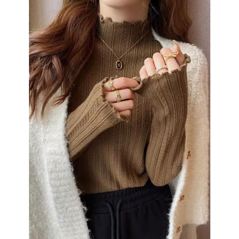 Soft waxy semi-turtleneck knitted sweater for women's autumn and winter with fungus edge age-reducing slim-fitting bottoming top