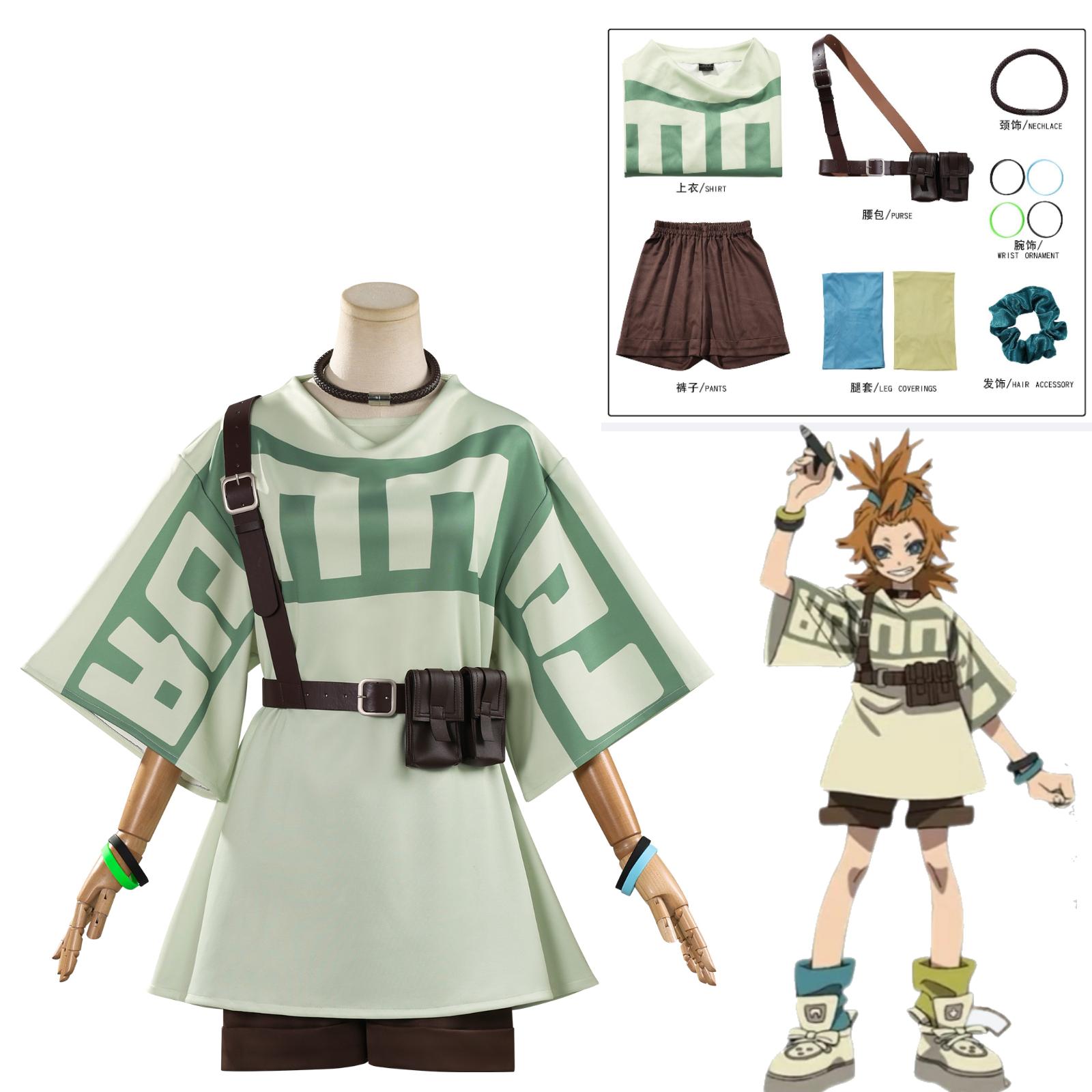 GACHIAKUTA Guita Riyo Rudo Cosplay Kostuum Blauwe Jumpsuit Pyjama Anime Dagelijkse Kleding Halloween Borduurwerk Top Vest Korte Pruik Set One Size beige