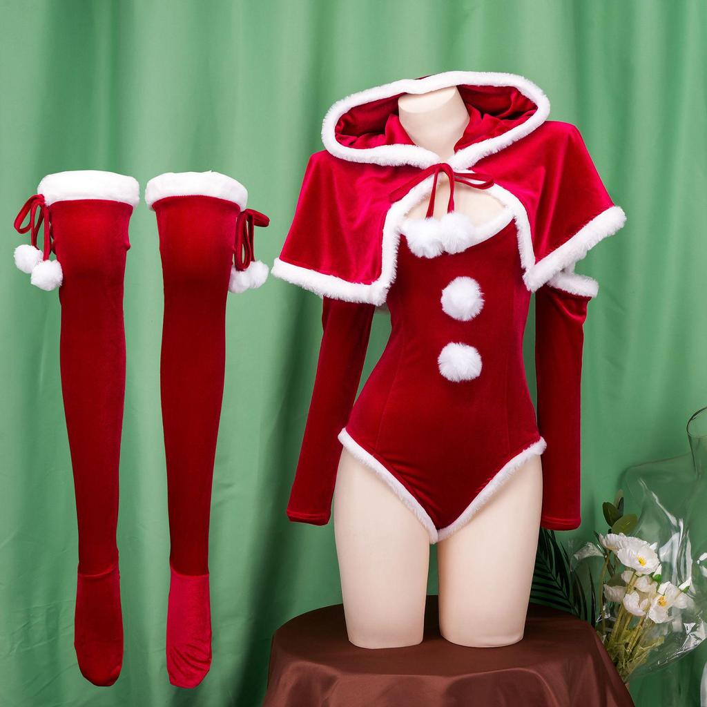 Festive Little Red Riding Hood Plush Jumpsuit - Sexy Christmas Gift Set C1034