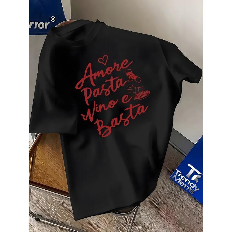 Men'S Vintage Round Neck Breathable Summer Casual Print T-Shirt Featuring The Phrase "Amoré Pasta Wino E Basta" Along with Food Elements