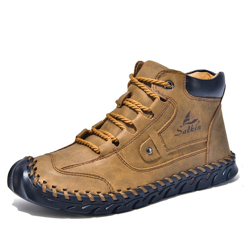 2025 large size men's color matching leather boots, men's fashion hand-stitched ankle boots flat-bottomed lace-up casual