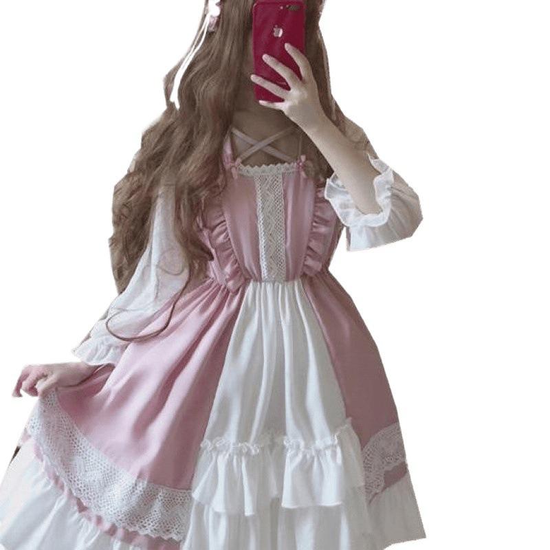 Alice In Wondeland Cute Women Lolita OP Dress Flouncing Lace Trim Japanese Harajuku Long Sleeves Doll Teen Dress Fairy Vestidos