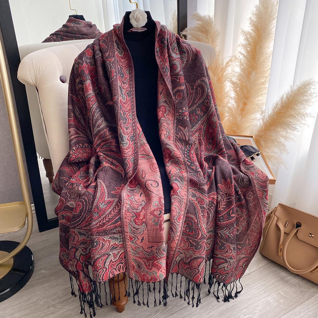 Luxury Winter Cashmere Scarf For Women - Printed Tasseled Shawl, Embroidered Pareo Cape & Elegant Chunky Headscarf