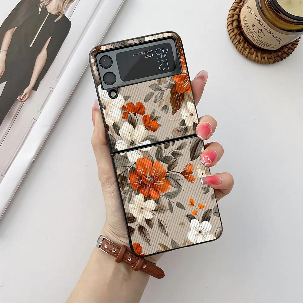 Case For Samsung Galaxy Z Flip 6 5 4 3 Phone Case Flower Butterfly Leather-Grain Shockproof Cover For Galaxy Z Flip6 Flip4 Flip5