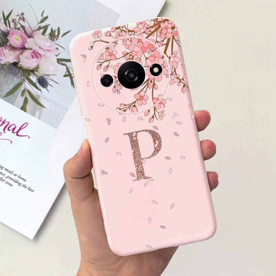 

Case For Xiaomi Redmi A3 2024 Fashion Crown Sakura Initial Letter Black Pink Silicon Soft Phone Case For Redmi A3 A 3 4G Redmi A3