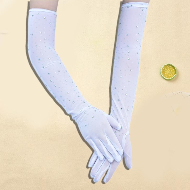 Women Lace Long Gloves with Rhinestones Drilling for Halloween and Prom Event Evening Party 1920S Flapper Costume Gloves
