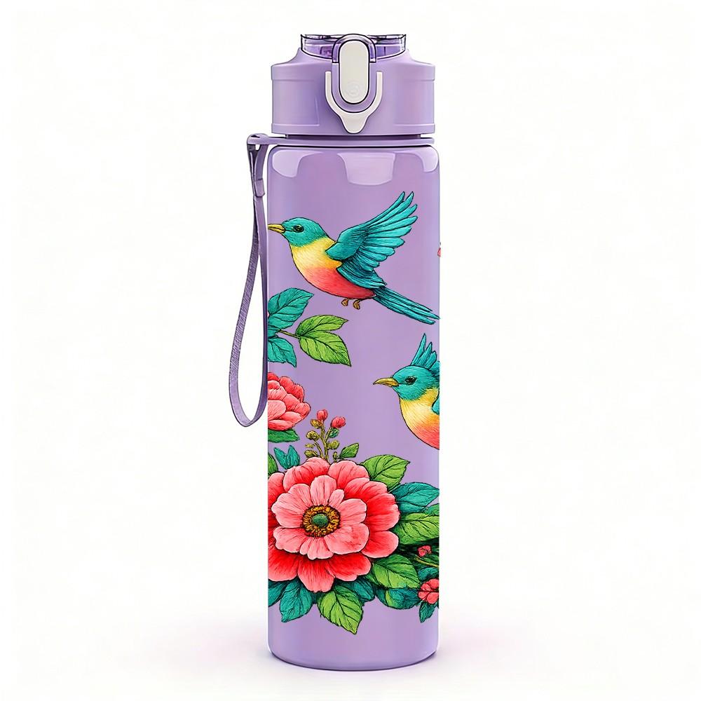 1PC Red Rose Bird Floral 750ml Color Plastic Sports Water Bottle Leakproof Flip Straw Lid Suitable for Sports Office Home Use