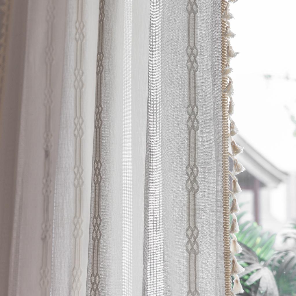 Zasłona Gotowa Pusta Bawełna i Len z Frędzlami Salon Sypialnia Gabinet Frędzle Szara Dekoracyjna Zasłona na Okno Wykuszowe
