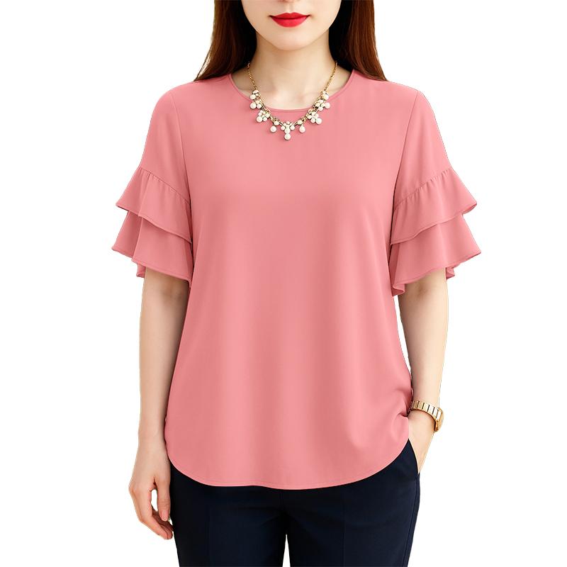 ZANZEA Women Casual Round Neck Ruffles Short Sleeve Loose Solid Blouse