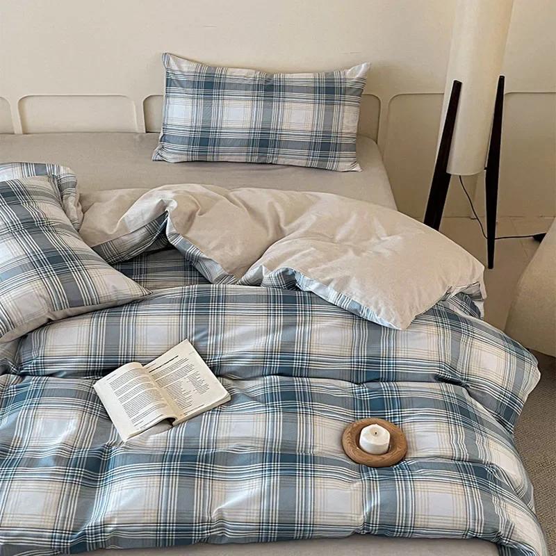 High Quality Grid Printed Flat Sheet Bedding Sets Light Luxury Cotton Soft Quilt Cover Single Double Bed Comfort Set for Adults