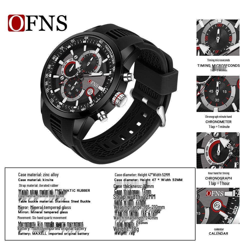 OFNS Business Men's Quartz Watch: Fashionable, Three Sub-Dials, Six Hands, Calendar, Waterproof.