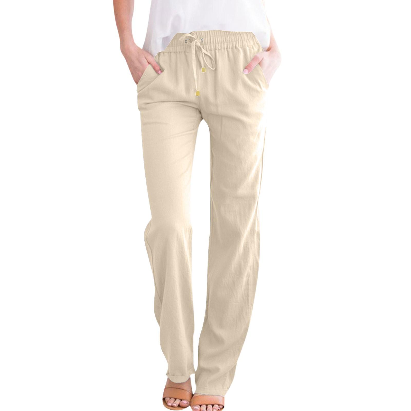 Women Casual Cotton And Linen Drawstring Elastic Waist Long Straight Pants L