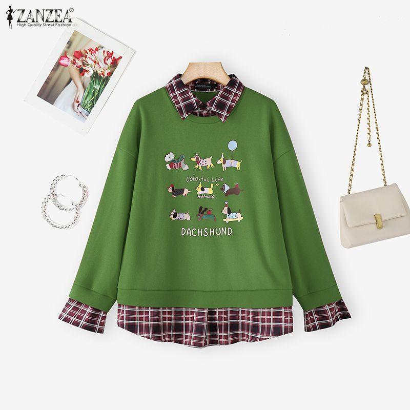 ZANZEA Women Casual Lapel Neck Long Sleeve Print Patchwork Loose Blouse