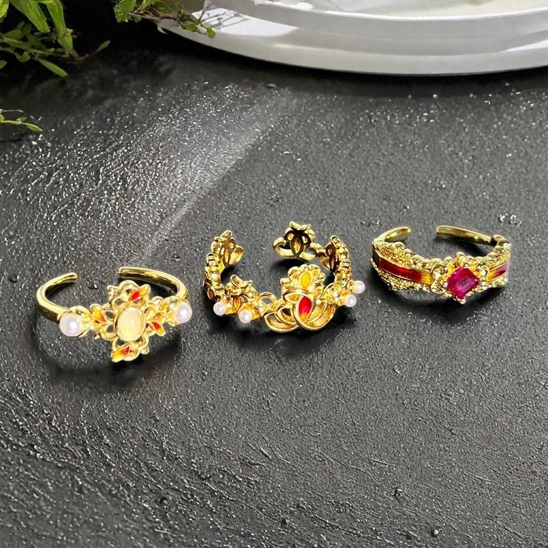 Red Zircon Enamel Dripping Open Ring Fashion Light Luxury High Sense Court Style Rhombus Personality Ring