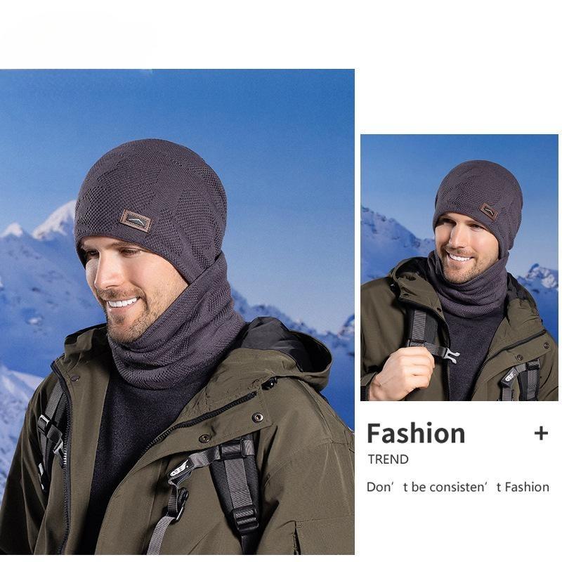 Winter Outdoor Riding Knitted Wool Hat Men's Velvet Warm Hat Scarf Two-piece Ear Protector Pullover Hat