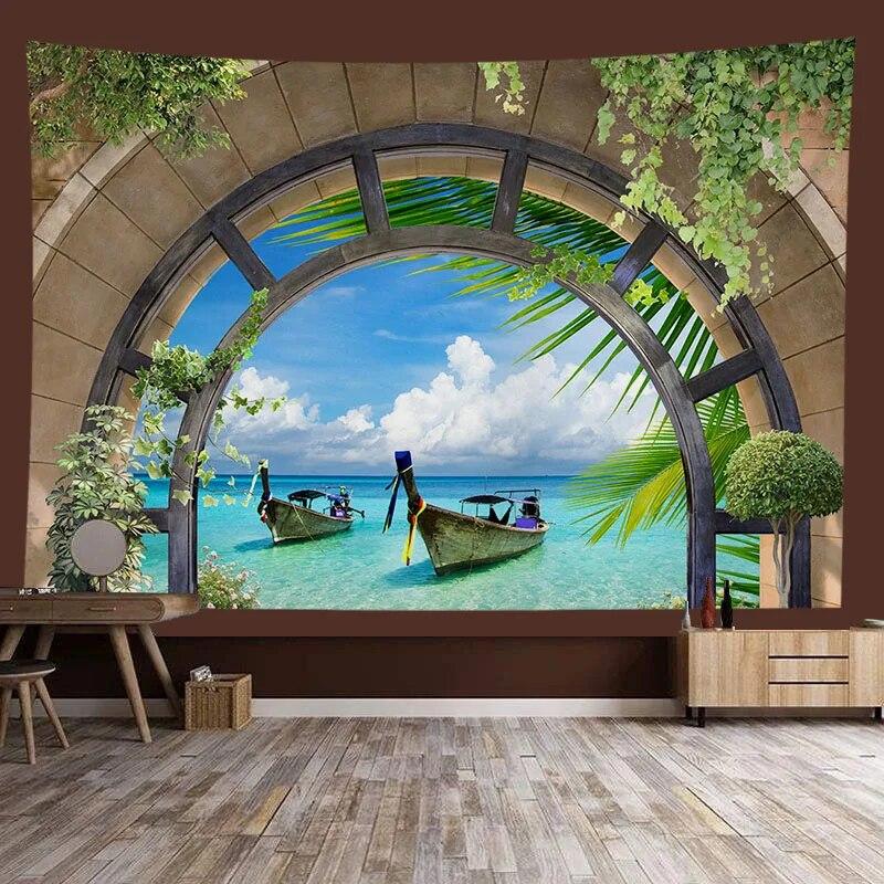 Window Sill Garden Beach View Large Tapestry Wall Hanging Bohemian Hippie Tapestry Room Aesthetic Living Room Home Decoration