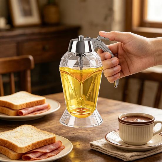 Syrup Dispenser Plastic with One-Hand Operation Honey Dispenser Press Type Honey Maple Syrup Bottle for Kitchen