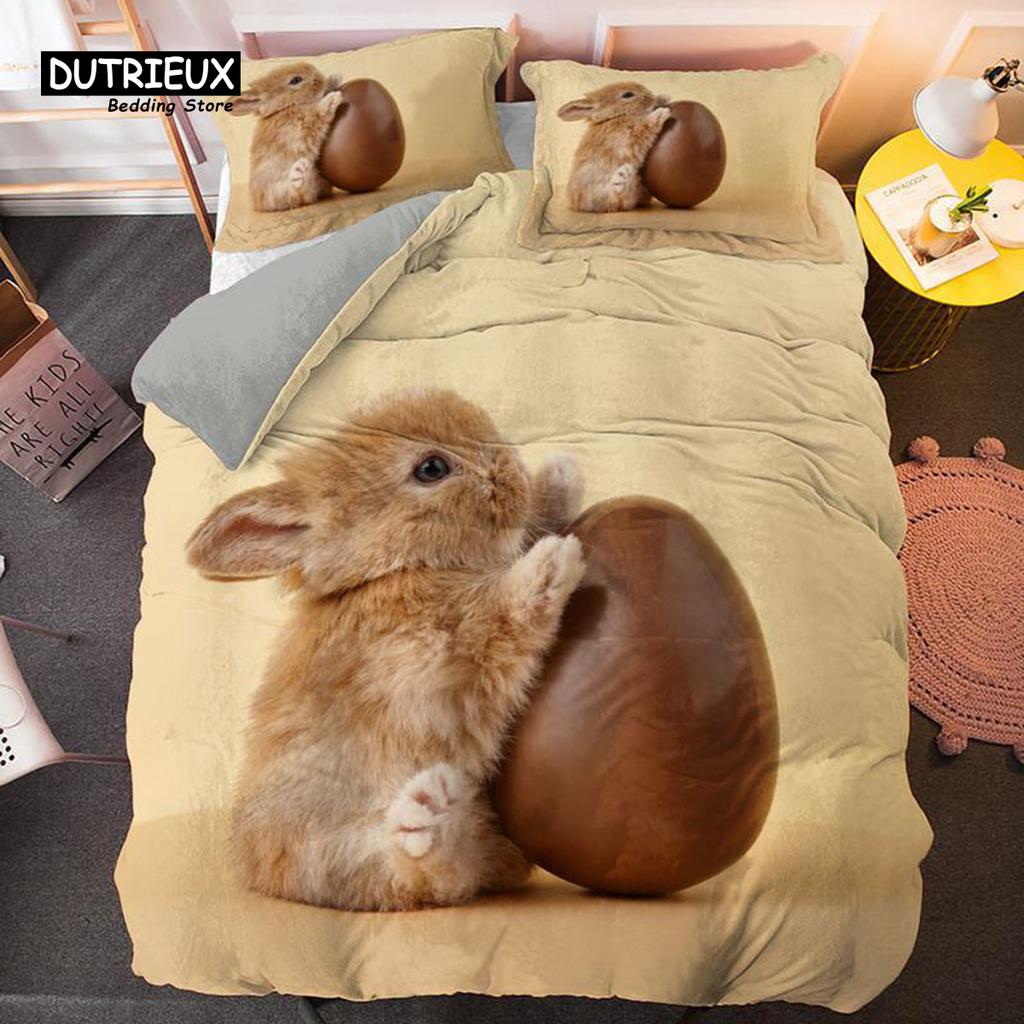 Soft Cartoon Pastoral Rabbit Duvet Cover Set Easter Eggs Print Bedding Set For Kids Child Microfiber Single King Comforter Cover