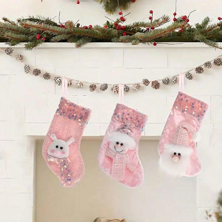 3-Piece Classic Small Pink Christmas Stocking Decoration Set, Featuring Santa Claus, Snowman And Reindeer, Fireplace Ornament.