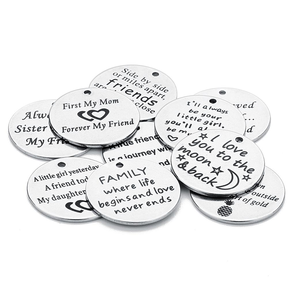 Louleur 10 Styles Stainless Steel Rhodium Pendants Stamping Tag Round Letter Charm Pendant for DIY Necklace Bangle Makings